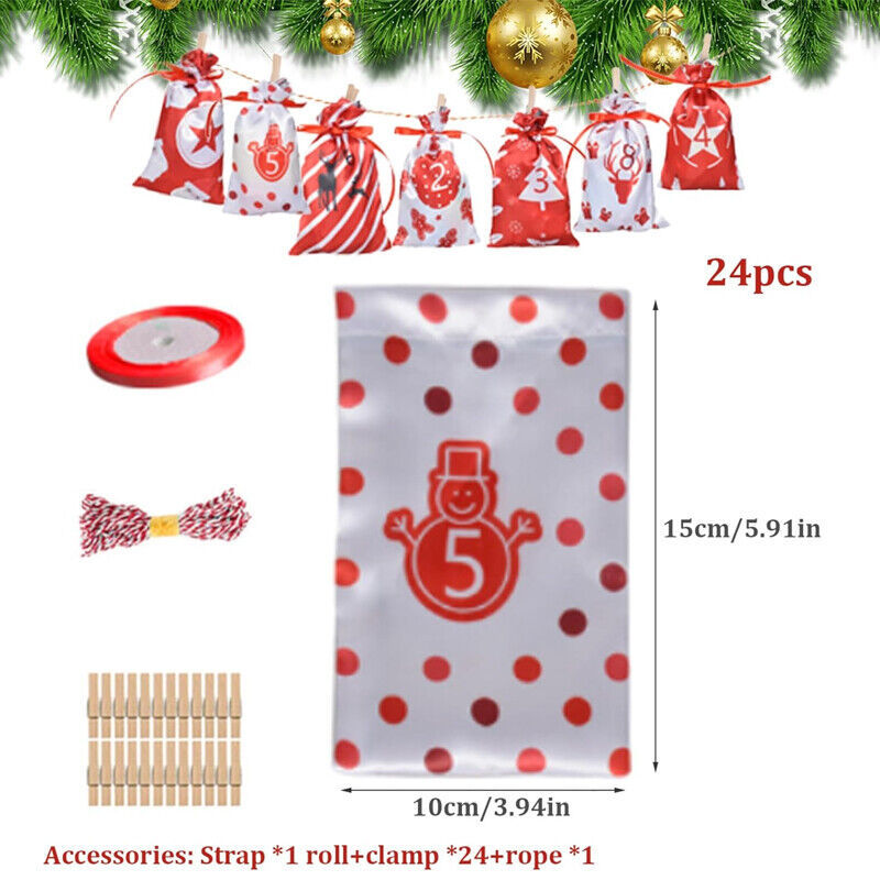 24X Christmas DIY Advent Calendar Countdown Numbers Bag Candy Storage Pouch C