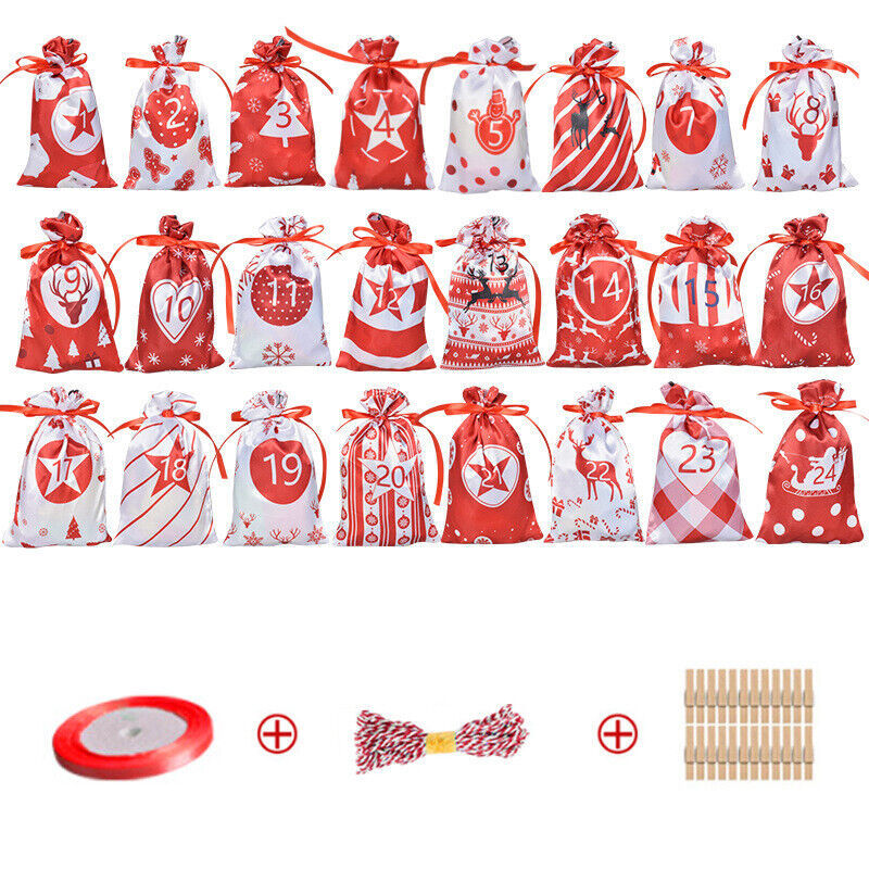 24X Christmas DIY Advent Calendar Countdown Numbers Bag Candy Storage Pouch C