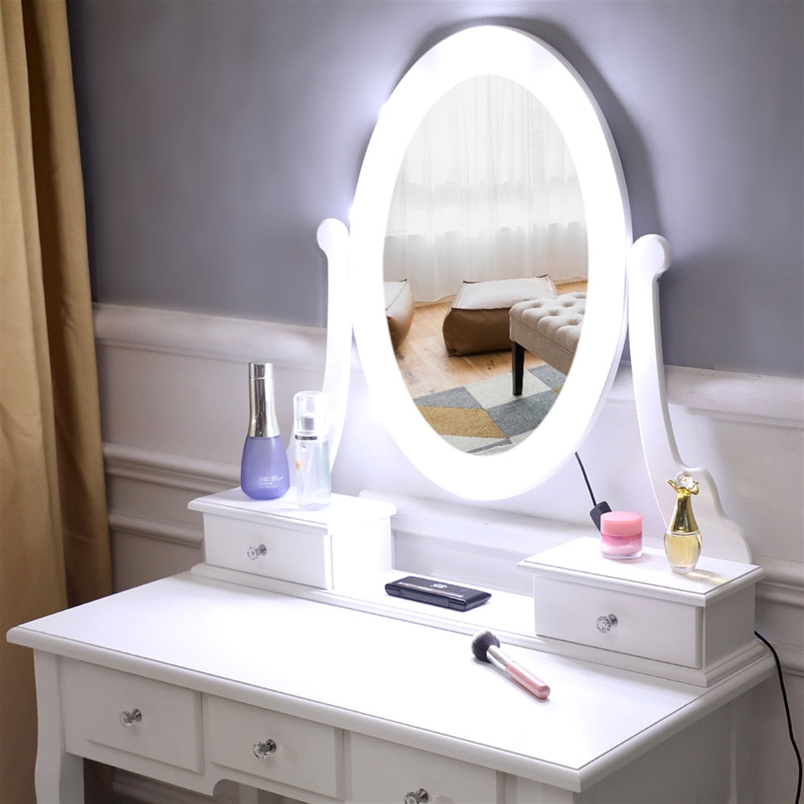 With Light Bulb Single Mirror 5 Drawer Dressing Table White=39757282,61588080