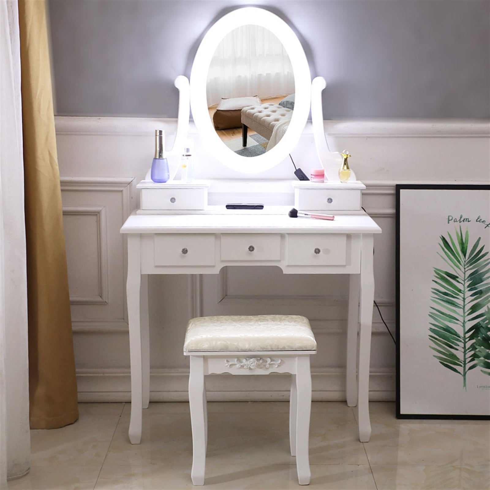 With Light Bulb Single Mirror 5 Drawer Dressing Table White=39757282,61588080