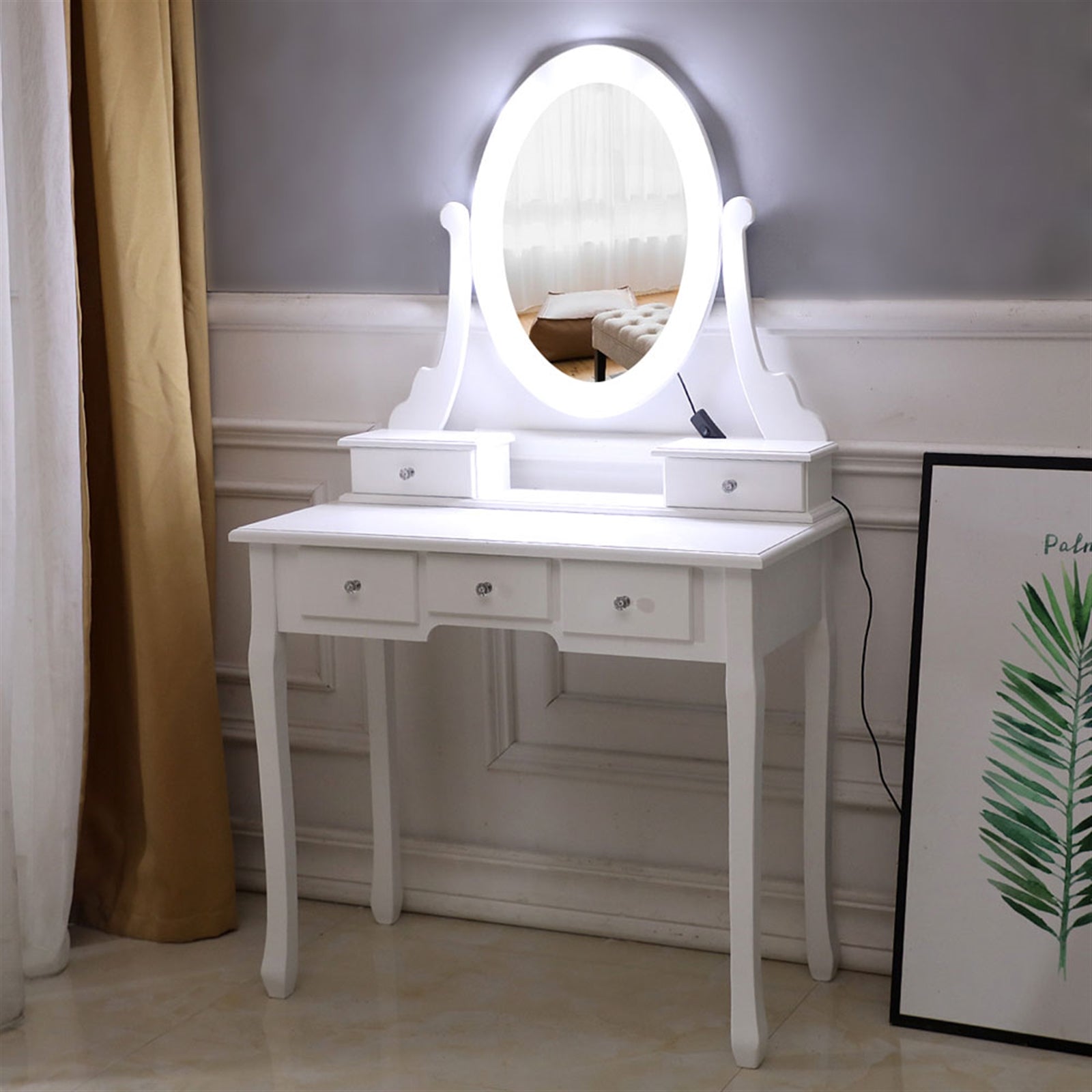 With Light Bulb Single Mirror 5 Drawer Dressing Table White=39757282,61588080