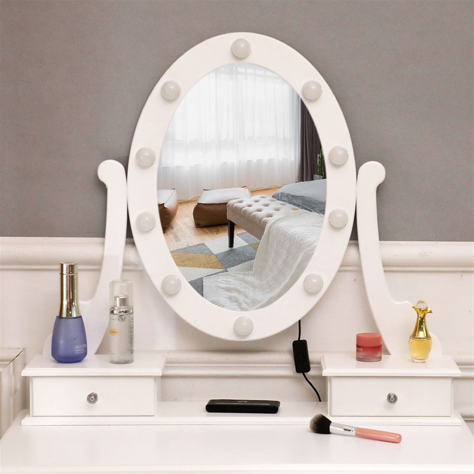 With Light Bulb Single Mirror 5 Drawer Dressing Table White=39757282,61588080