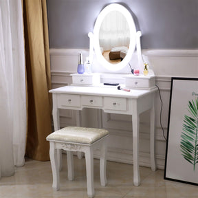 With Light Bulb Single Mirror 5 Drawer Dressing Table White=39757282,61588080