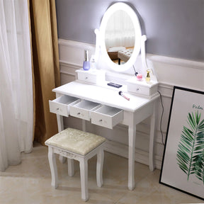 With Light Bulb Single Mirror 5 Drawer Dressing Table White=39757282,61588080