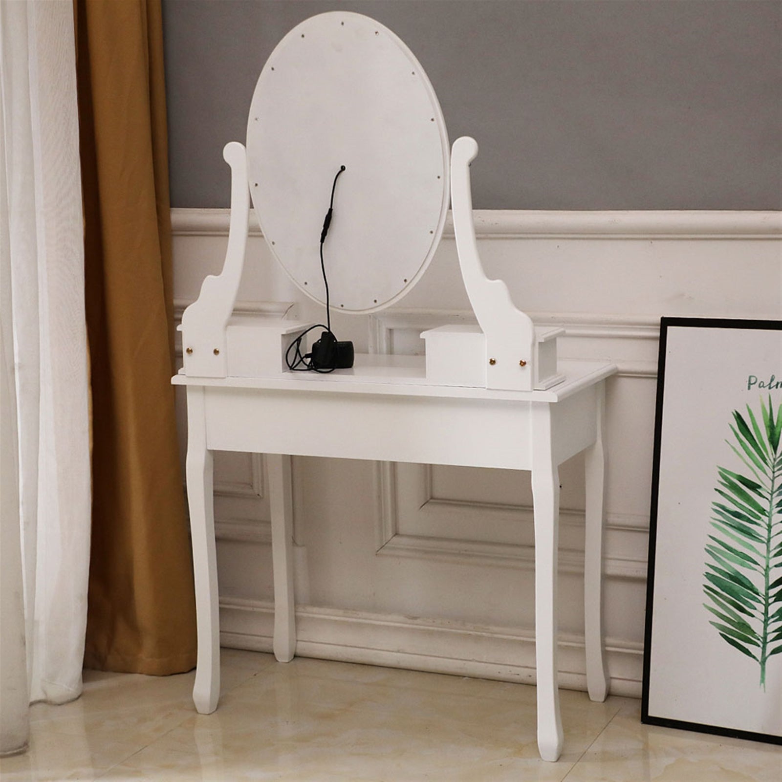 With Light Bulb Single Mirror 5 Drawer Dressing Table White=39757282,61588080