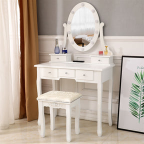 With Light Bulb Single Mirror 5 Drawer Dressing Table White=39757282,61588080