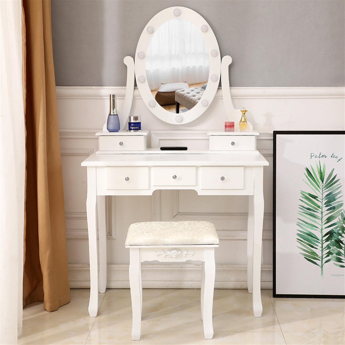 With Light Bulb Single Mirror 5 Drawer Dressing Table White=39757282,61588080