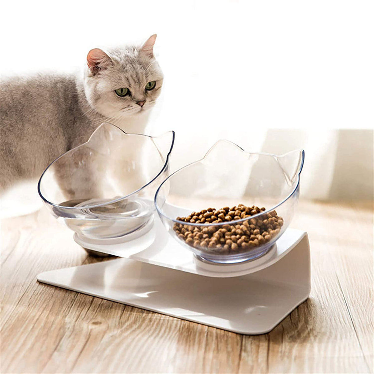 Non Slip Double Cat Bowl With Raised Stand Pet Food Cat Feeder Protect Cervical