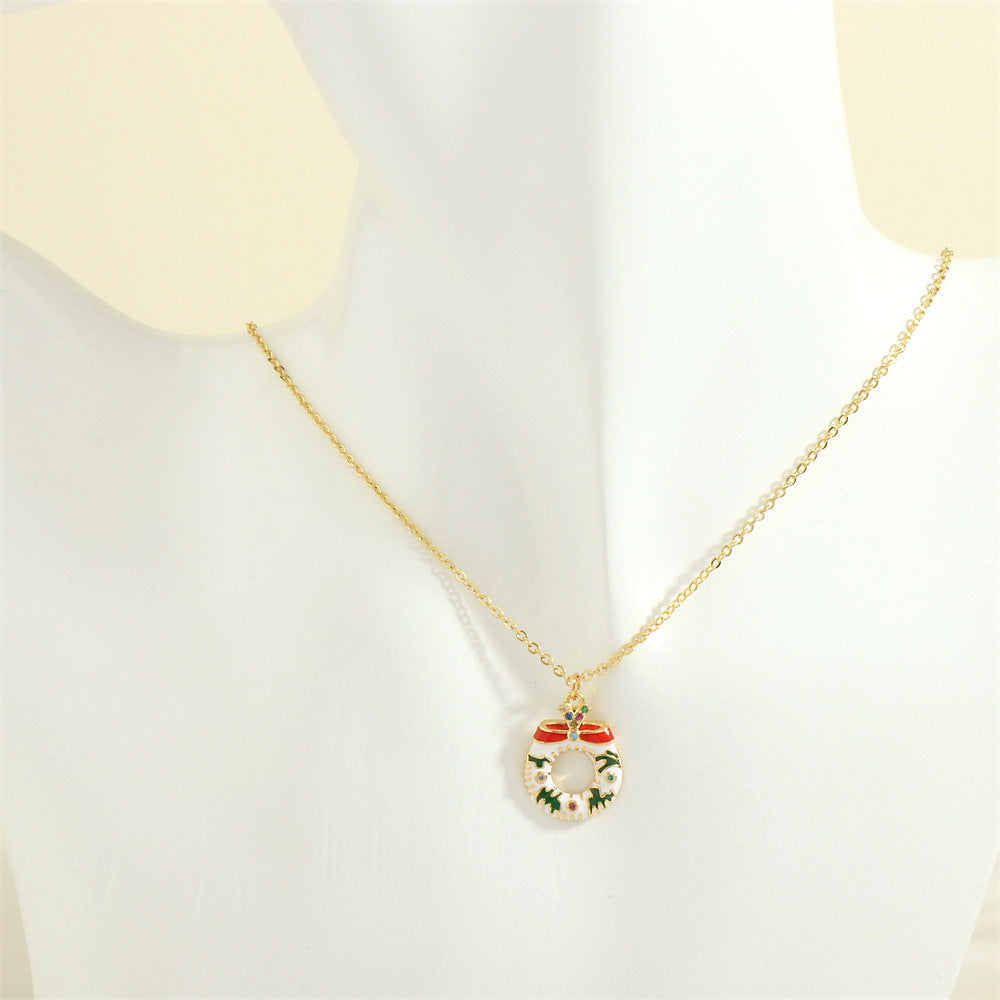 Christmas Tree Santa Claus Elk Snowman Oil-drop Necklace With Colored Rhinestones