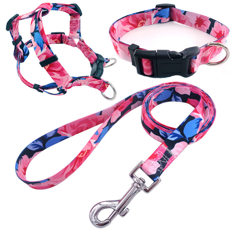 Pet Printing Collar Rope Chest Strap Traction Three-piece Set