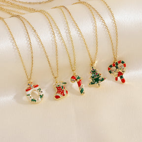 Christmas Tree Santa Claus Elk Snowman Oil-drop Necklace With Colored Rhinestones