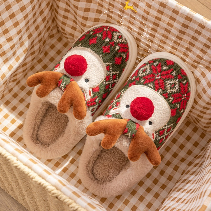 Cute Christmas Elk Plush Slippers Winter Ins Fashion Non-slip Floor Bedroom