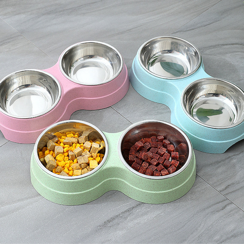 Double Pet Bowls Dog Food Water Feeder Stainless Steel Pet Drinking Dish Feeder