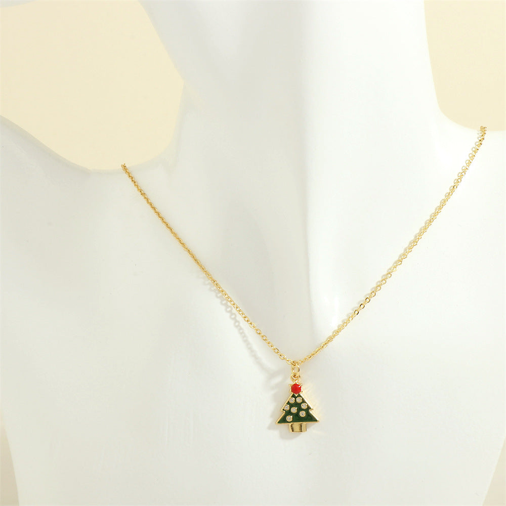 Christmas Tree Santa Claus Elk Snowman Oil-drop Necklace With Colored Rhinestones