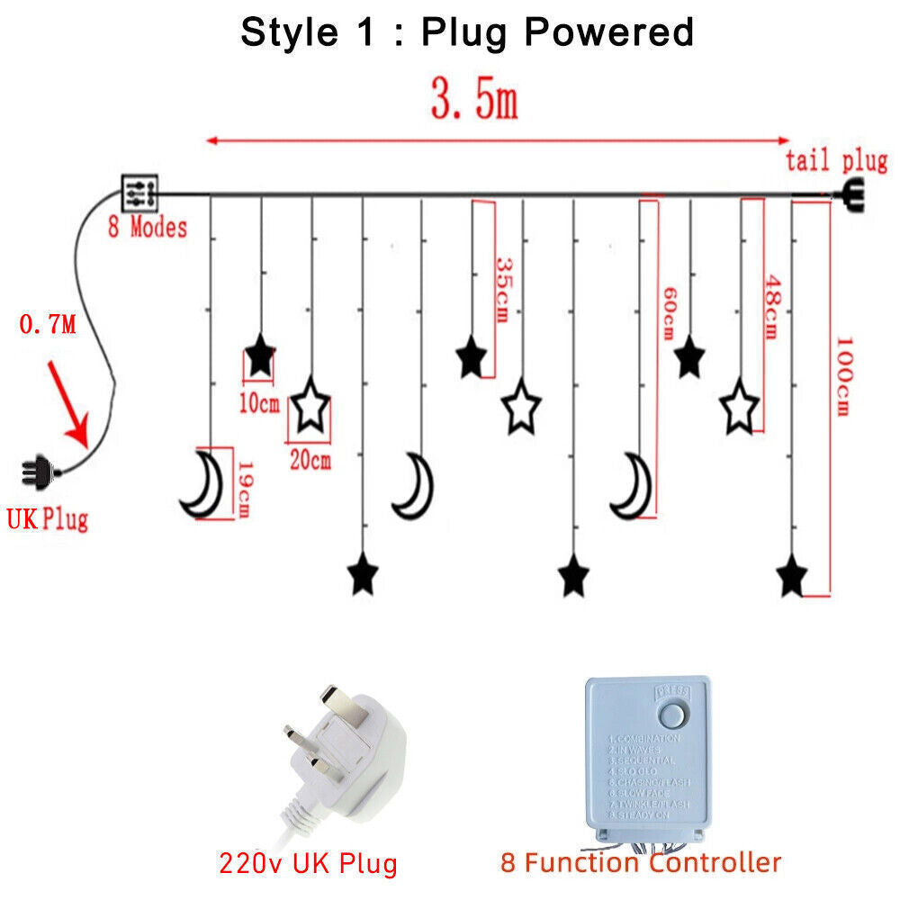 Christmas Twinkling Moon Star String Lamp Curtain Fairy Light Party Home Decor